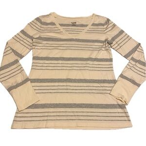 Mossimo Supply Co. Women’s Medium Cream & Grey Striped Long Sleeve V-Neck Tee